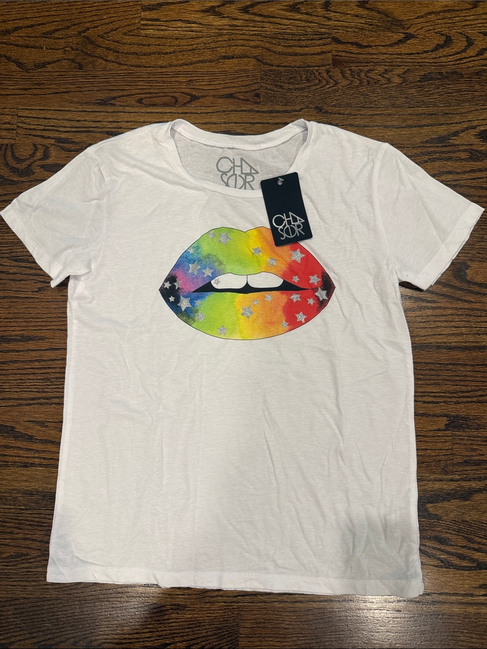Chaser White Tee with Rainbow Lip and Star Graphic